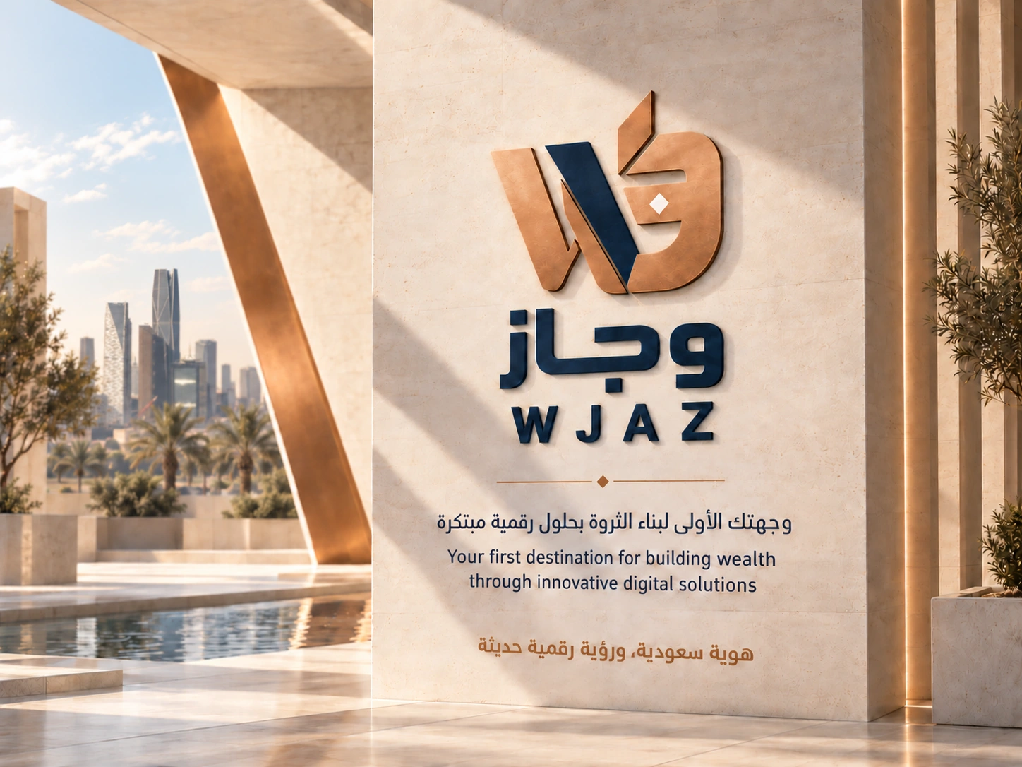 WJAZ copper and navy emblem on an ivory wall overlooking the towers of King Abdullah Financial District, KAFD, Riyadh