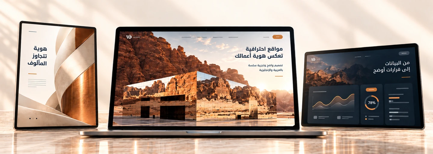 نماذج تصورية للهوية والمواقع ولوحات البيانات، يتوسطها موقع يعرض مبنى مرايا في العلا